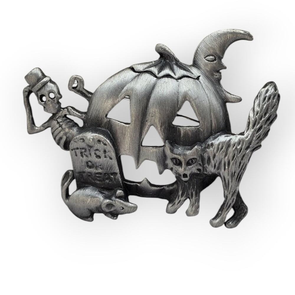 Jack-o’-Lantern Cat Skeleton & Moon Halloween Pin Pewter Halloween Brooch